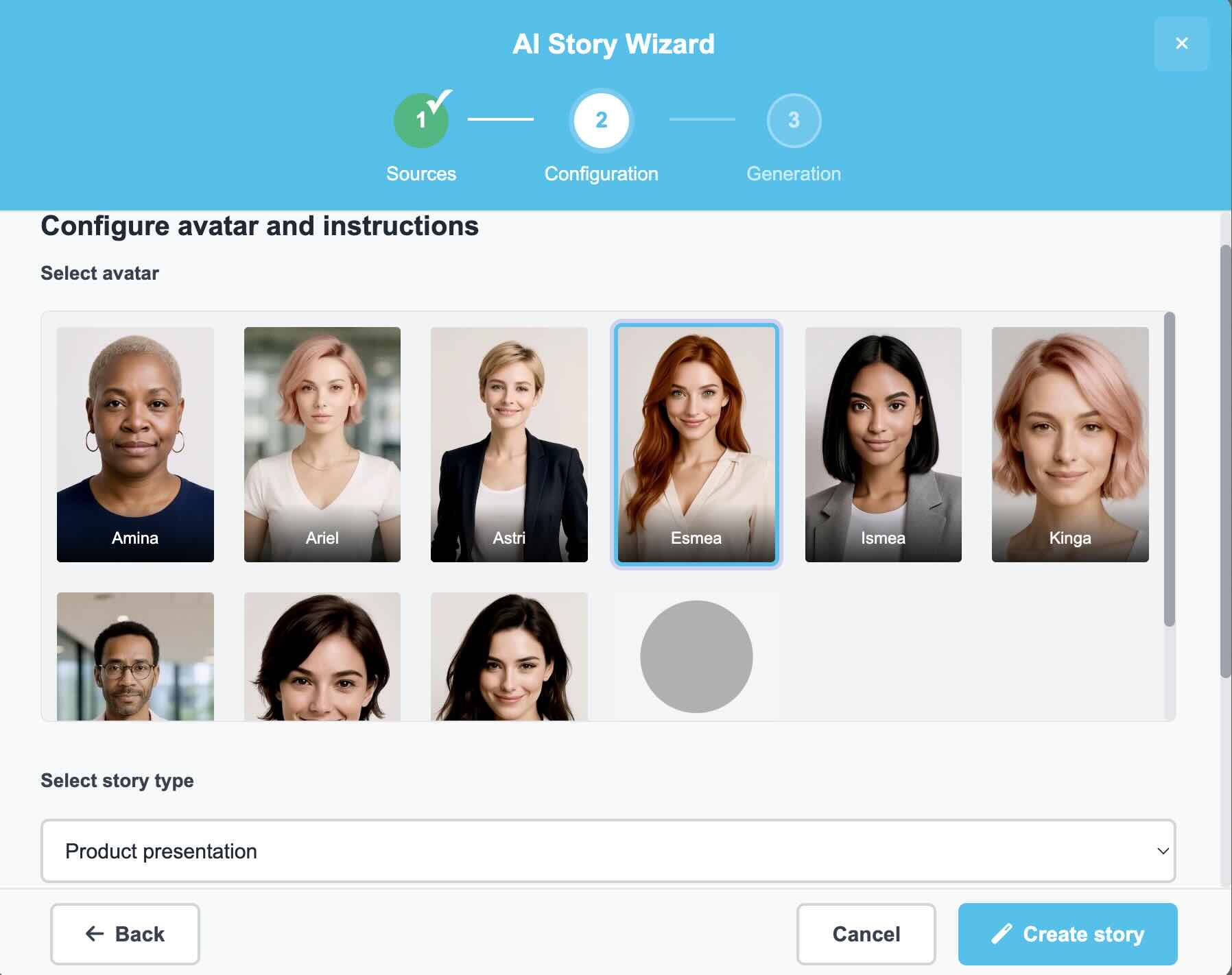 AI Story Wizard – avatar selection