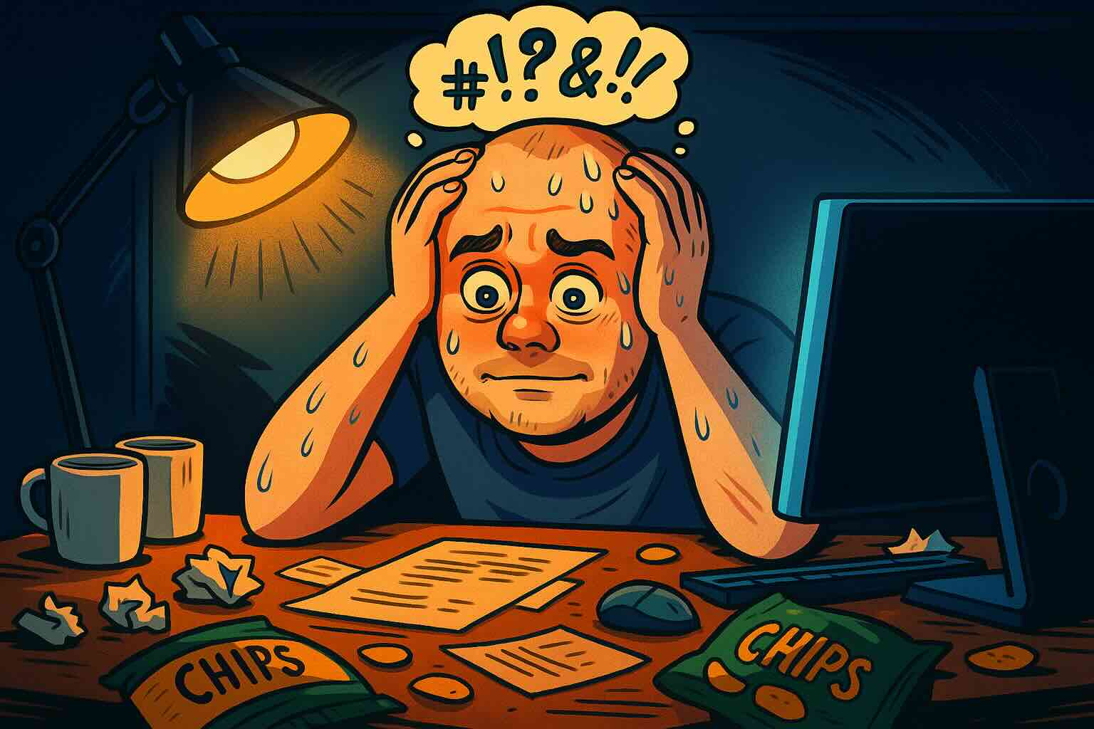 Late‑night coding — project manager thinking intensely at the computer